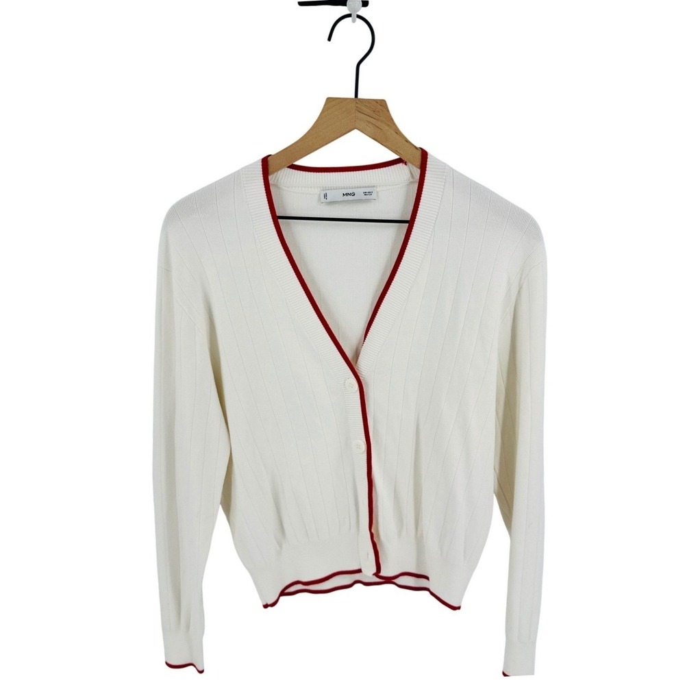 Mango Vintage Style Ribbed Knit Sweater Red Trim Preppy Crewneck Size S